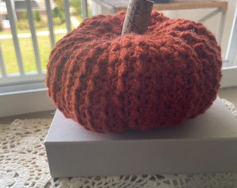 Small Pumpkin Decor, Fall Decor, Crochet Pumpkin Decor, Recycled Wine cork stem, Orange Ripple Pumpkin