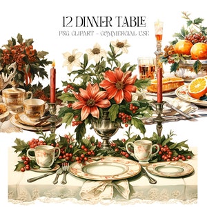 12 Clipart de aquarela de mesa de Natal, Clipart de comida festiva de Natal PNG, Clipart de Natal png, Artesanato de papel - Junk Journal, Scrapbooking