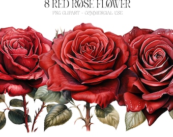 8 Red Rose Flower Watercolor Clipart, Spring flowers clipart, Roses Bundle, Rose clipart set, Paper craft - Junk Journal, Scrapbooking