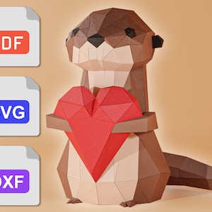 Papercraft Animale Low Poly Lontra che tiene il cuore Kit di creazione di carta 3D / PDF fai da te, SVG, Modello modello stampabile artigianale, Decorazioni per la casa, Idea data