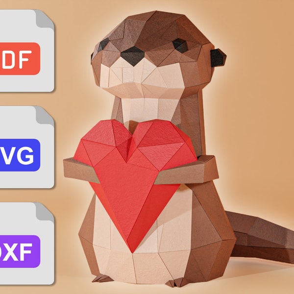 Papercraft Animal Low Poly Otter Holding Heart 3D Paper Crafting Kit | DIY PDF, SVG, Craft Printable Template Pattern, Home Decor, Date Idea