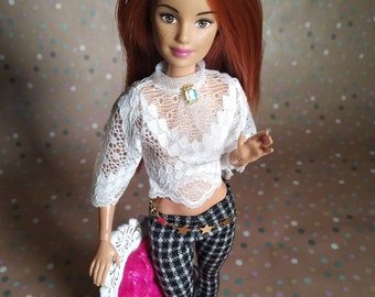 White lace blouse, star belt for Barbie - 1/6 Clothes for regular 11 inch 30cm female dolls