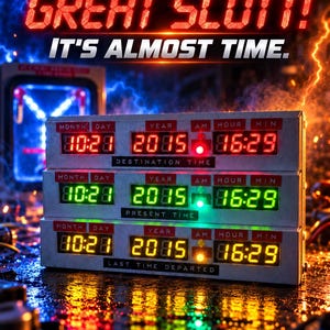 May include: A three-tiered digital time display prop featuring red, green, and yellow LED readouts for Month, Day, Year, and Time. The labels read Destination Time, Present Time, and Last Time Departed. Text above reads GREAT SCOTT! IT'S ALMOST TIME.