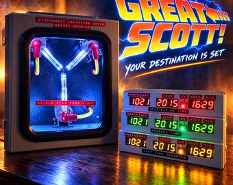 May include: A flux capacitor replica with a glowing blue Y-shaped light inside a gray housing, featuring red and yellow wiring. Next to it, a three-tier digital time display shows dates and times in red, green, and yellow LED lights with text.