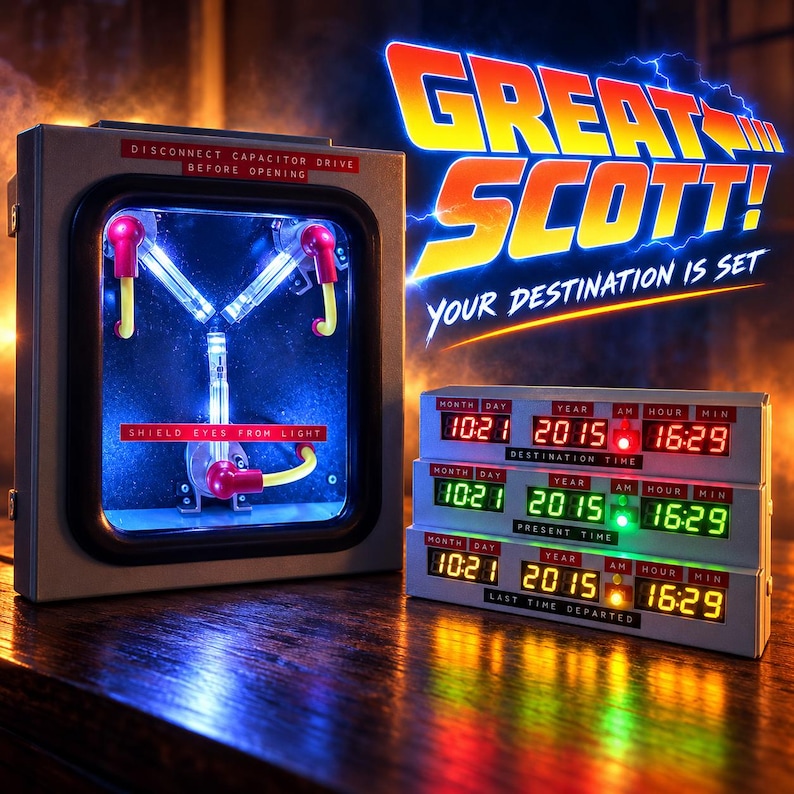 Flux Capacitor and Time Circuits Clock Set | Light Up Props with Sound & Remote | Back to the Future Inspired Handmade Gift image 1