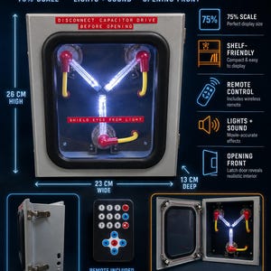 Infographic: 26 cm high, 23 cm wide, 13 cm deep, remote control included, lights and sound, opening front