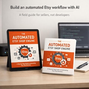 Könnte beinhalten: Ein Tablet und ein Buch mit dem Titel "The Automated Etsy Shop Engine" werden gezeigt. Das Buch und das Tablet haben ein ähnliches Design mit orangefarbenem und weißem Text und einer Zahnradgrafik mit dem Etsy-Logo. Der Text lautet "A Step-by-Step Guide to Automating Your Etsy Business."