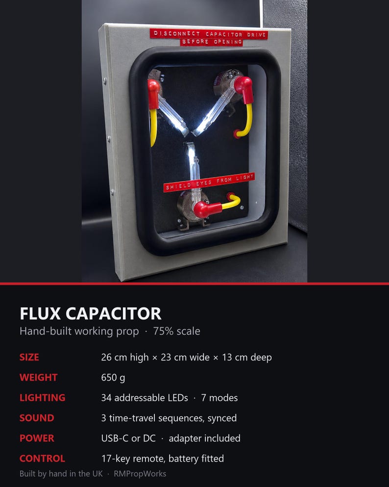 Specification card: 26 cm high, 23 cm wide, 13 cm deep, 650 g, 34 addressable LEDs, USB-C or DC power, remote included