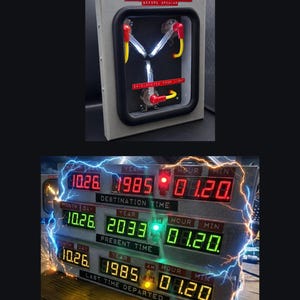 The complete set: hand-built Time Circuits clock and 75% scale Flux Capacitor
