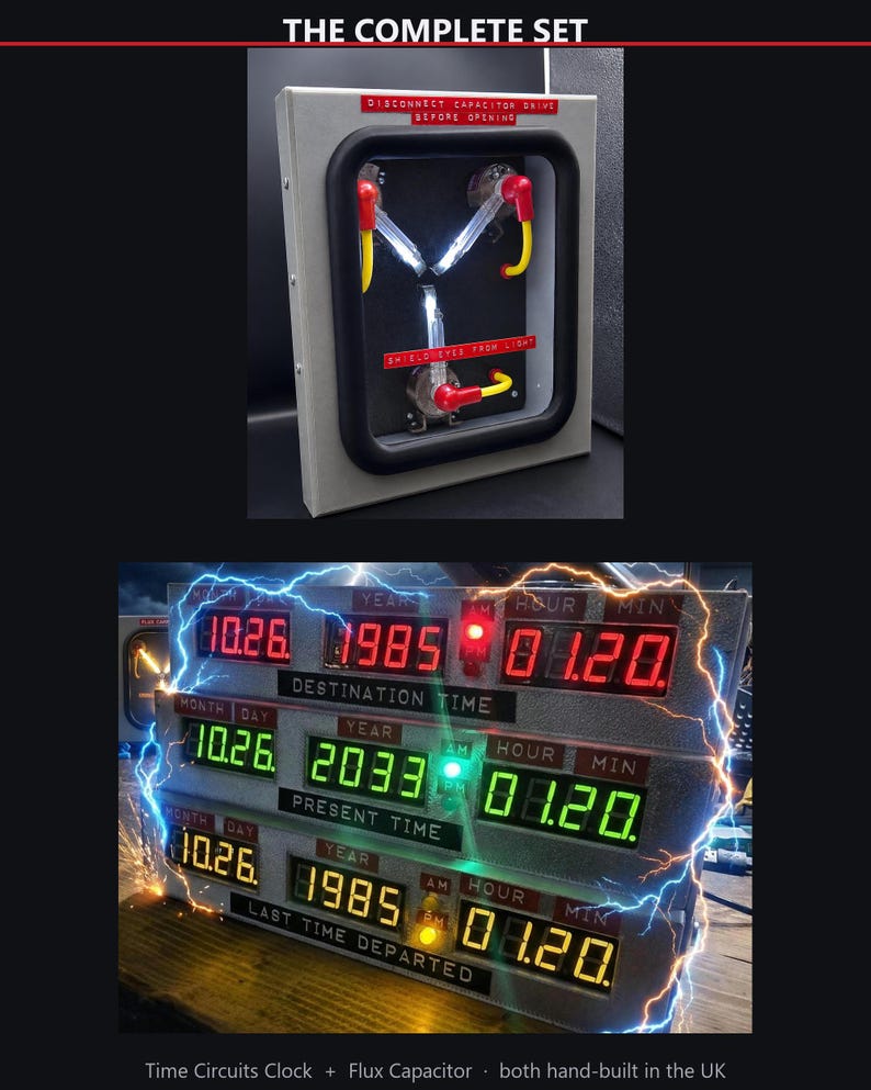 The complete set: hand-built Time Circuits clock and 75% scale Flux Capacitor