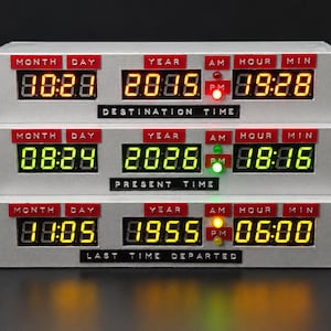 May include: A three-tiered digital time display unit with a silver finish. Each row features red labels for Month, Day, Year, AM, PM, Hour, and Min. The top row shows Destination Time, the middle Present Time, and the bottom Last Time Departed.