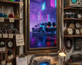 BTTF DeLorean Poster | Cyberpunk City Synthwave | Back to the Future Art | Neon 80s Print