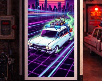 Ghostbusters Ecto-1 Synthwave Poster | Retro 80s Neon Art | Paranormal Car Wall Art | Movie Fan Gift