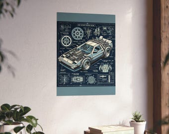 DeLorean Time Machine Blueprint Poster - Back to the Future Technical Schematic Art Print
