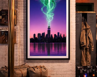 Haunted New York Poster | Ghostly NYC Skyline Synthwave | Paranormal City Art | Ghostbusters Inspired Print