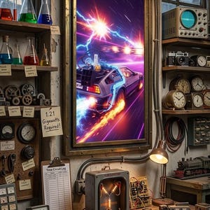 138 km/h DeLorean-affisch | Tidsresor till framtiden | BTTF Synthwave-konst | Fluxkondensator