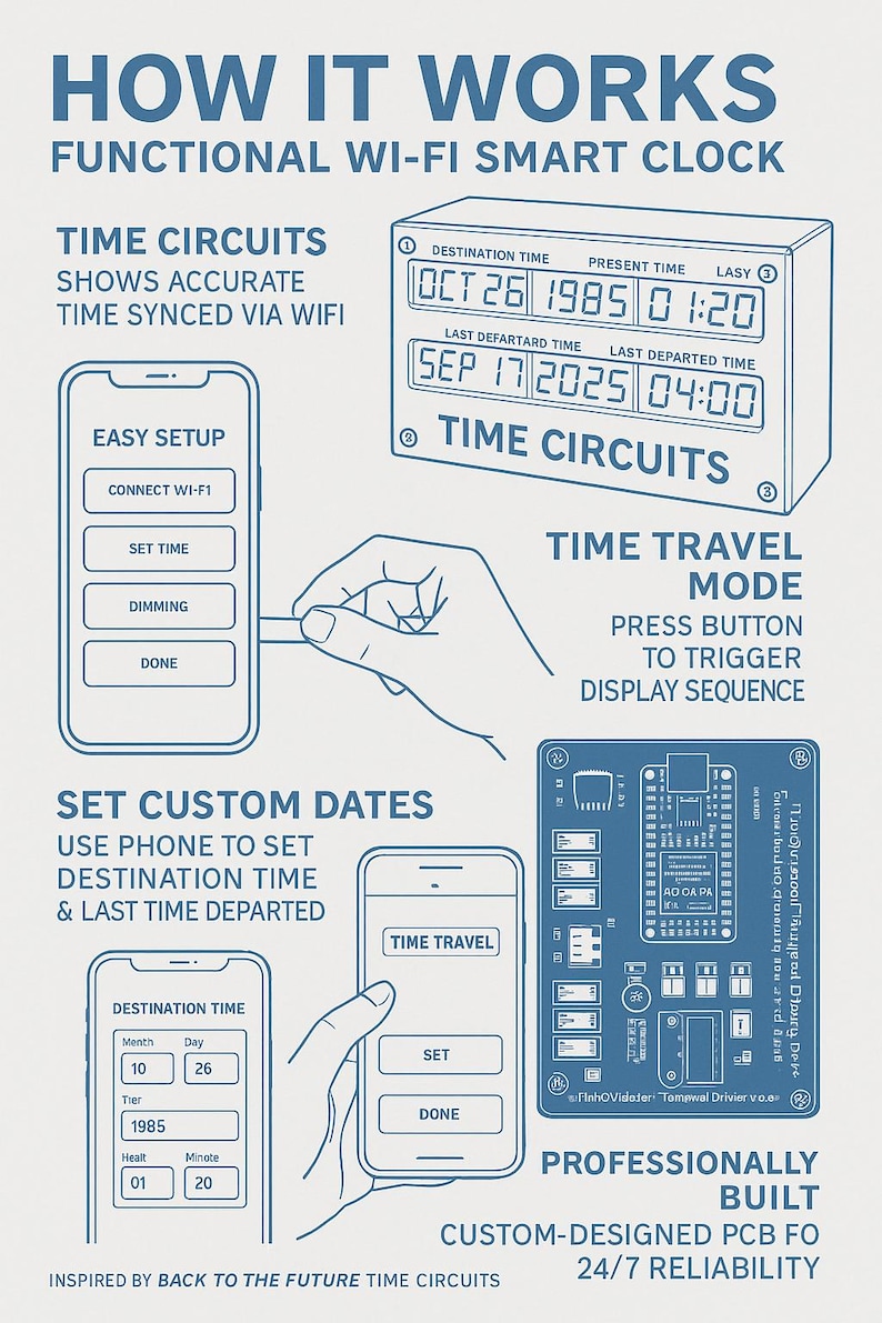 May include: A functional Wi-Fi smart clock featuring a digital display with destination, present, and last departed time settings. The instructional graphic includes smartphone interface layouts for setup and date configuration, plus a custom-designed PCB.
