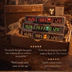 May include: A time circuit display replica featuring three horizontal digital panels with red, green, and orange LED readouts showing dates and times. The device is housed in a cardboard box labeled with text including Handle with 1.21 Gig Watts.