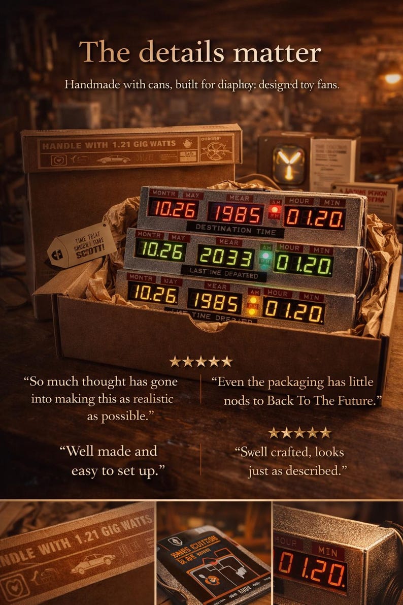 May include: A time circuit display replica featuring three horizontal digital panels with red, green, and orange LED readouts showing dates and times. The device is housed in a cardboard box labeled with text including Handle with 1.21 Gig Watts.