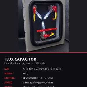 Flux Capacitor specification: 26 x 23 x 13 cm, 650 g, 34 LEDs, remote included