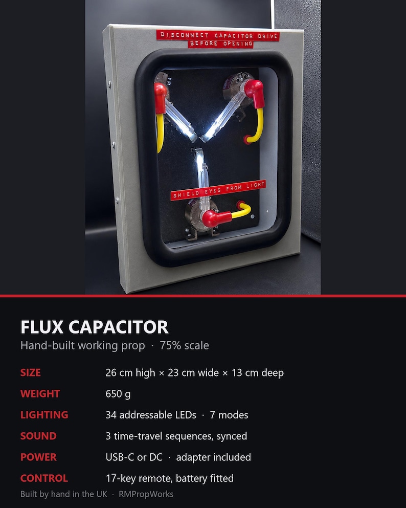 Flux Capacitor specification: 26 x 23 x 13 cm, 650 g, 34 LEDs, remote included