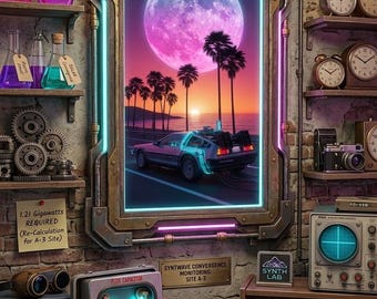 Back to the Future DeLorean Poster | Retrowave Palm Beach | BTTF Synthwave Art | 80s Decor