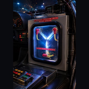 Flux Capacitor glowing blue in a night-time car interior