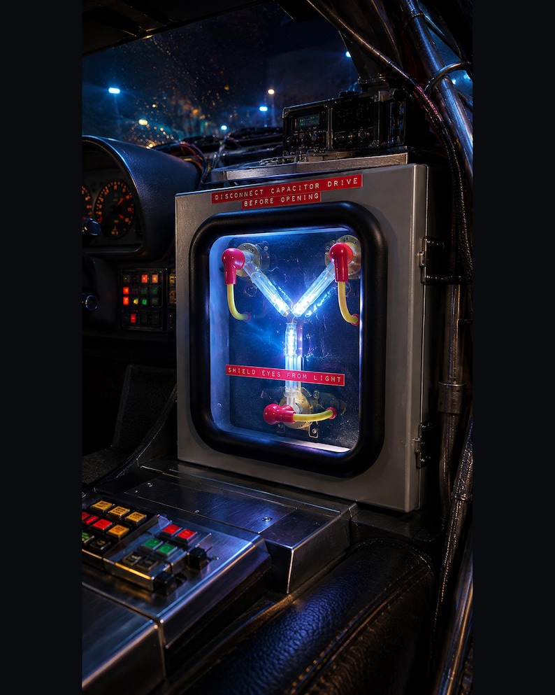 Flux Capacitor glowing blue in a night-time car interior