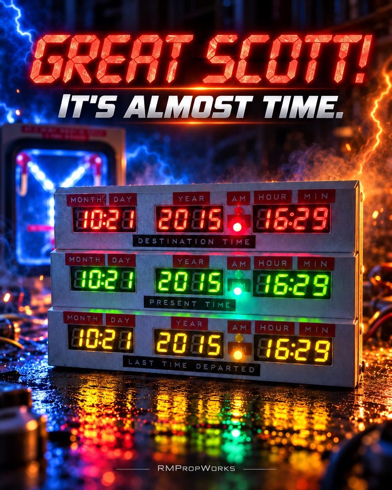 May include: A three-tiered digital time display prop featuring red, green, and yellow LED readouts for Month, Day, Year, and Time. The labels read Destination Time, Present Time, and Last Time Departed. Text above reads GREAT SCOTT! IT'S ALMOST TIME.