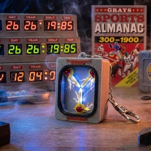 Può includere: Un portachiavi grigio con una macchina del tempo in miniatura con un design a fulmine. Lo sfondo include un almanacco sportivo, un contenitore di plutonio e un orologio digitale che mostra varie date e orari. Il tema è la fantascienza.