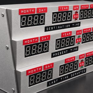 May include: A silver-colored tiered digital clock featuring three separate displays labeled Destination Time, Present Time, and Last Time Departed. Each section includes red labels for Month, Day, Year, AM, PM, Hour, and Min with black digital screens.