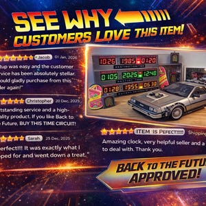 May include: A promotional graphic featuring customer reviews and a five-star rating system. The image displays a replica DeLorean car model next to a digital time circuit clock with red, green, and orange LED displays showing dates and times.