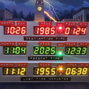 May include: A three-tiered digital time display unit featuring red, green, and yellow LED segments. The top row labeled Destination Time shows 10:26 1985 01:24. The middle row labeled Present Time shows 11:04 2025 12:33. The bottom row labeled Last Time Departed shows 11:12 1955 06:38.