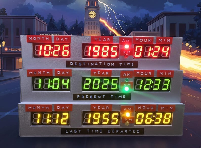 May include: A three-tiered digital time display unit featuring red, green, and yellow LED segments. The top row labeled Destination Time shows 10:26 1985 01:24. The middle row labeled Present Time shows 11:04 2025 12:33. The bottom row labeled Last Time Departed shows 11:12 1955 06:38.