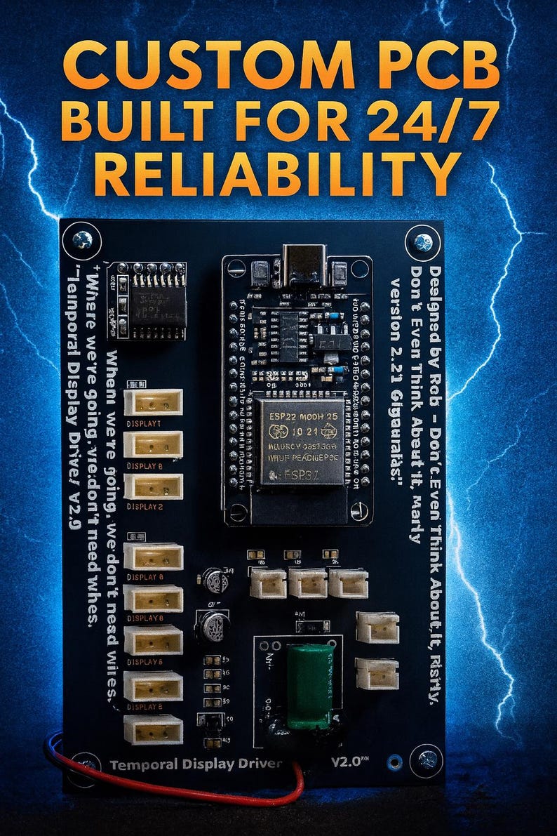May include: A black custom PCB featuring an ESP32 module, multiple white display connectors, and a green capacitor. Text on the board reads: "Temporal Display Driver V2.0", "Designed by Rob - Don't Even Think About It, Risrly", and "Where we're going, we don't need wires."