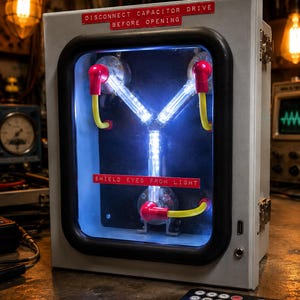 Flux Capacitor glowing on a workbench in a warmly lit workshop