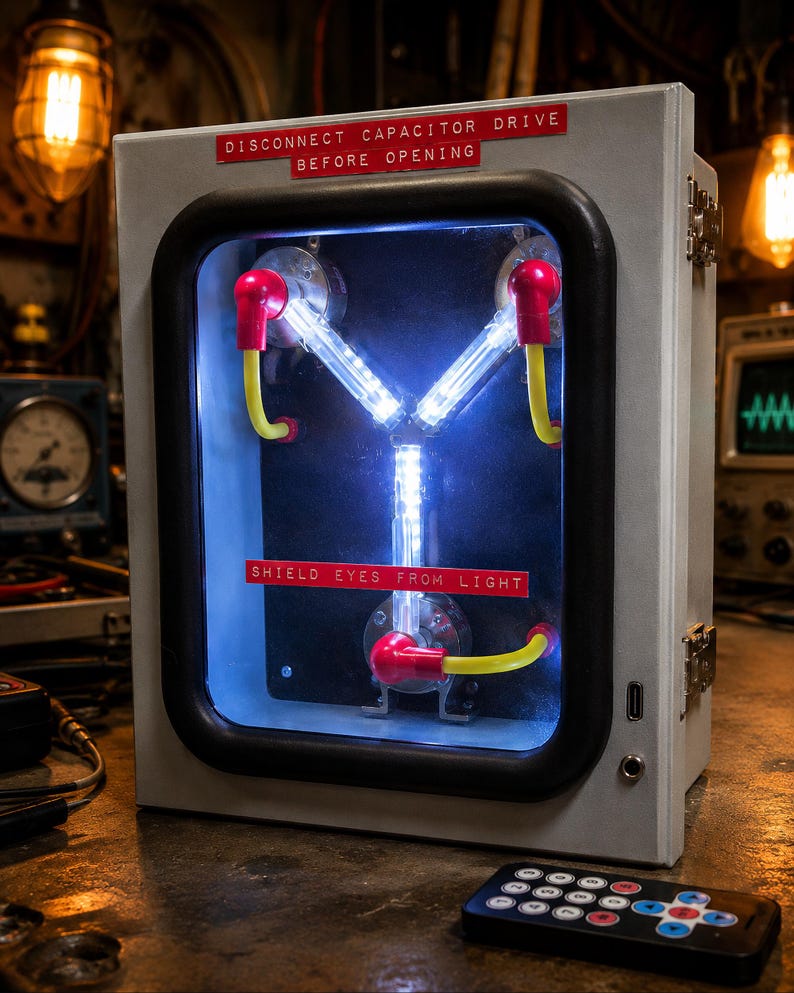 Flux Capacitor glowing on a workbench in a warmly lit workshop