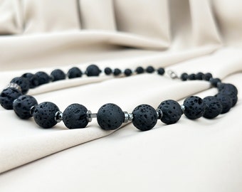 Collar de piedra de lava de 14 mm, poder, singularidad, collar negro para mujer, piedra preciosa, regalo del día de la madre, joyería del día de la madre, regalo para ella