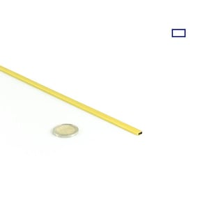 Może przedstawiać: Długi, cienki, żółty pręt mosiężny, o długości około 25 cm, obok monety euro jako skala.