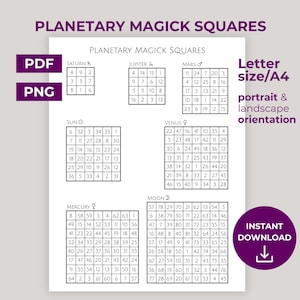 May include: Printable planetary magick squares for the planets Saturn, Jupiter, Mars, Sun, Venus, Mercury, and Moon. The squares are black and white and have numbers 1-36 in each square. The image also includes the text "PDF", "PNG", "Letter size/A4", "portrait & landscape orientation", and "INSTANT DOWNLOAD".