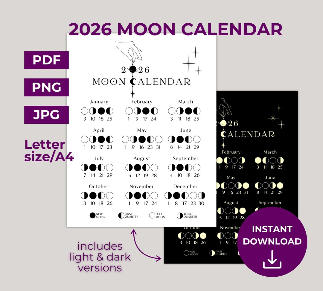 Moon Calendar 2026 | Printable Lunar Calendar | Moon Phases Planner ...