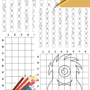 May include: An educational worksheet with a grid, a monster outline, and a series of geometric shapes. A sharpened pencil and a set of colored pencils are also present, suggesting a drawing or puzzle activity.