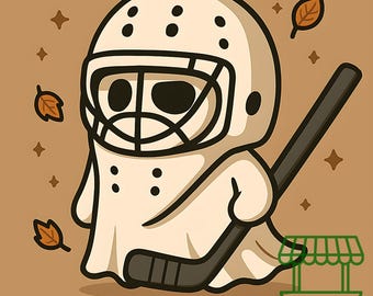 Cute Ghost PNG, Hockey Season, Autumn Cartoon Illustration, Halloween Sports Fan, Spooky Cute Art Sublimation