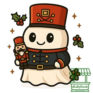 Puede incluir: Ilustración de dibujos animados de un fantasma vestido de soldado de juguete, sosteniendo un cascanueces en miniatura. El fantasma lleva un sombrero rojo y una chaqueta azul oscuro con botones dorados. Ramas de acebo y estrellas decoran el fondo. Tema festivo.