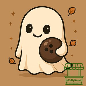 Op de afbeelding: Een cartoon spook met een chocolate chip cookie. Het spook is wit met zwarte ogen en een glimlach. De achtergrond is bruin met herfstbladeren en sterren. De afbeelding heeft de tekst "eKellyKiosk Happy Shopping".