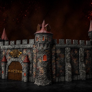 Puede incluir: Un modelo de castillo en miniatura con muros de ladrillo de piedra gris, varias torres con techos rojos puntiagudos y una puerta central de madera. La estructura está adornada con detalles dorados sobre la puerta y ventanas de color rojo.