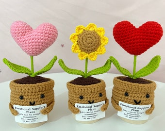 Crochet Sunflower Potted and Heart Potted,Handmade Emotional Support Plant,Crochet Flower Desktop Decoration,Gift for Friends