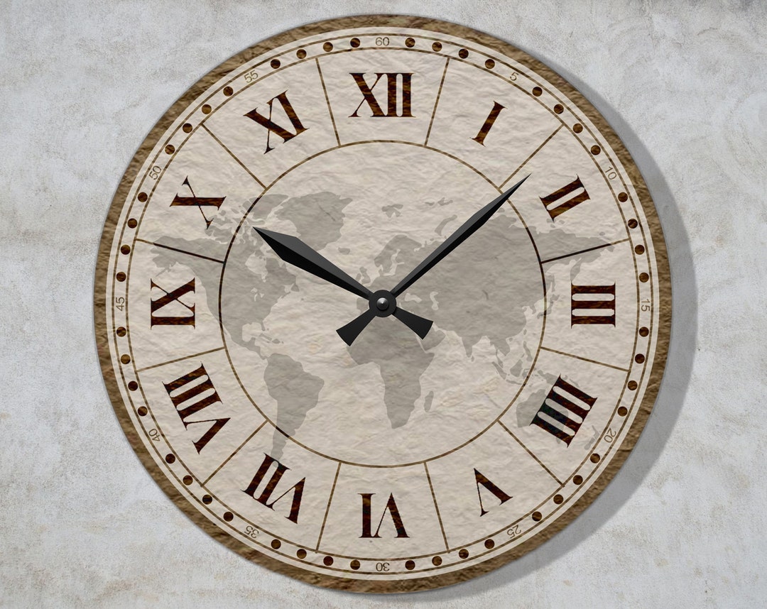 Classic Antique Design World Map Wall Clock With Roman Numerals. Round ...