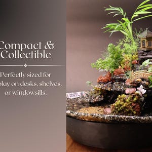May include: A small tabletop fountain with a miniature pagoda, bridge, and greenery. The fountain is made of ceramic and has a dark brown base. The text "Compact & Collectible" and "Perfectly sized for display on desks, shelves, or windowsills." is displayed on the left side of the image.