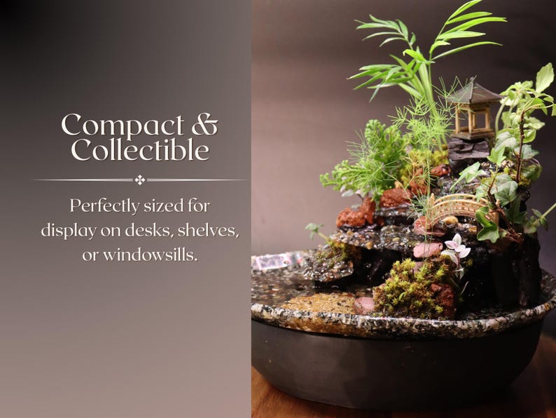 May include: A small tabletop fountain with a miniature pagoda, bridge, and greenery. The fountain is made of ceramic and has a dark brown base. The text "Compact & Collectible" and "Perfectly sized for display on desks, shelves, or windowsills." is displayed on the left side of the image.